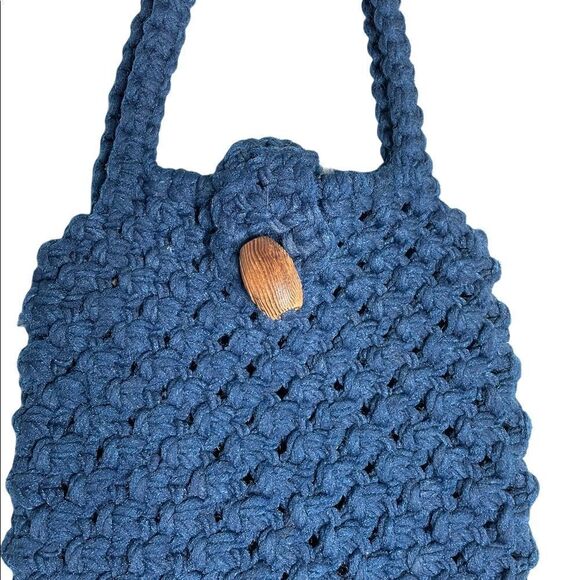 Vintage Crochet Handcrafted Wood Button Blue Handbag 1970s - Picture 7 of 11